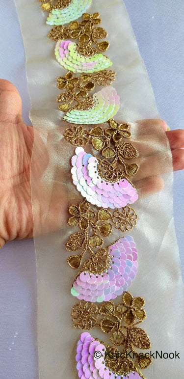 Wholesale Gold Sheer Fabric Trim With Antique Gold Floral Embroidery And Pink White Two Tone Sequins Embellishments, Sequin Border